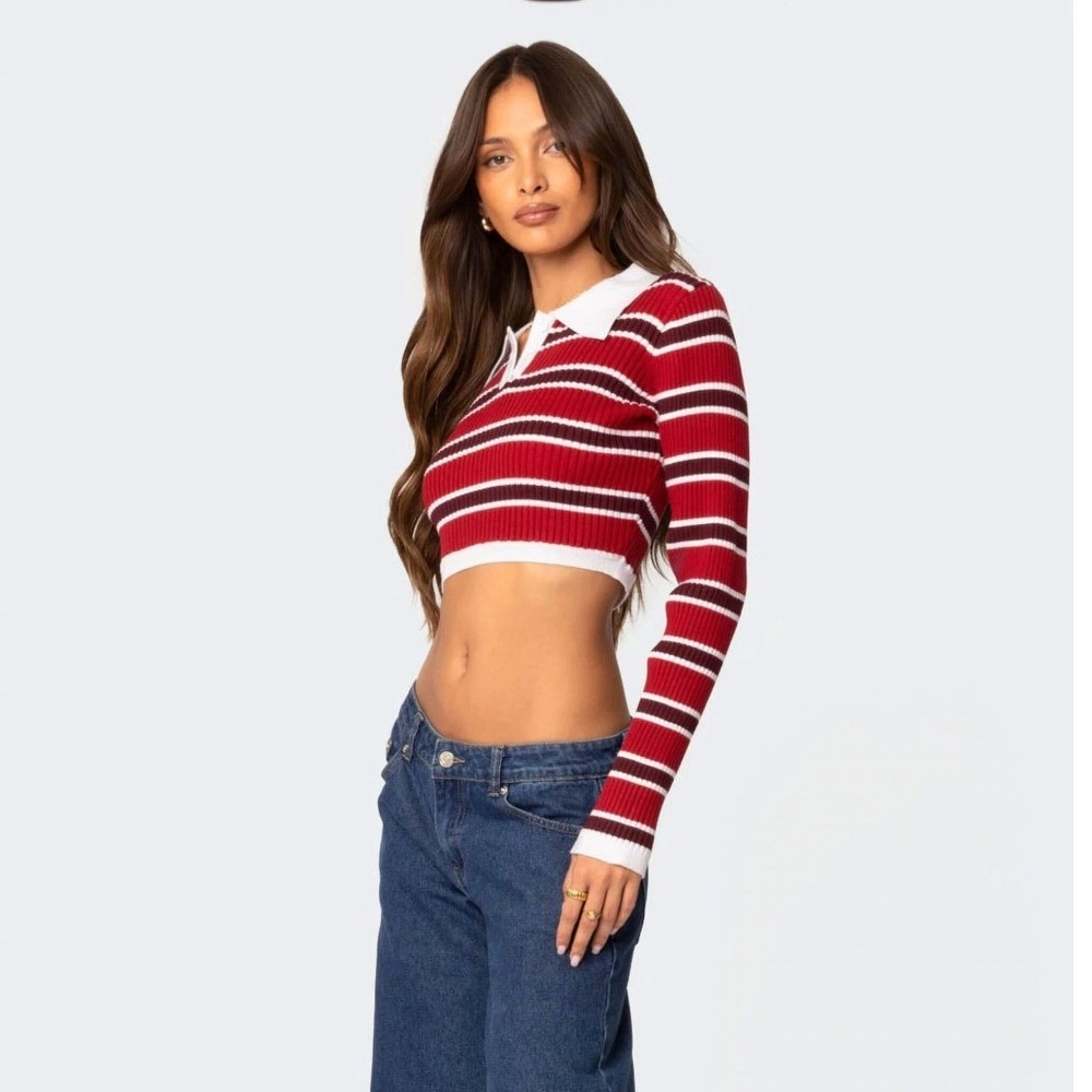 Edikted Striped Crop Top Womens S Red Ribbed Polo Y2K Retro Preppy Academia - Picture 3 of 12